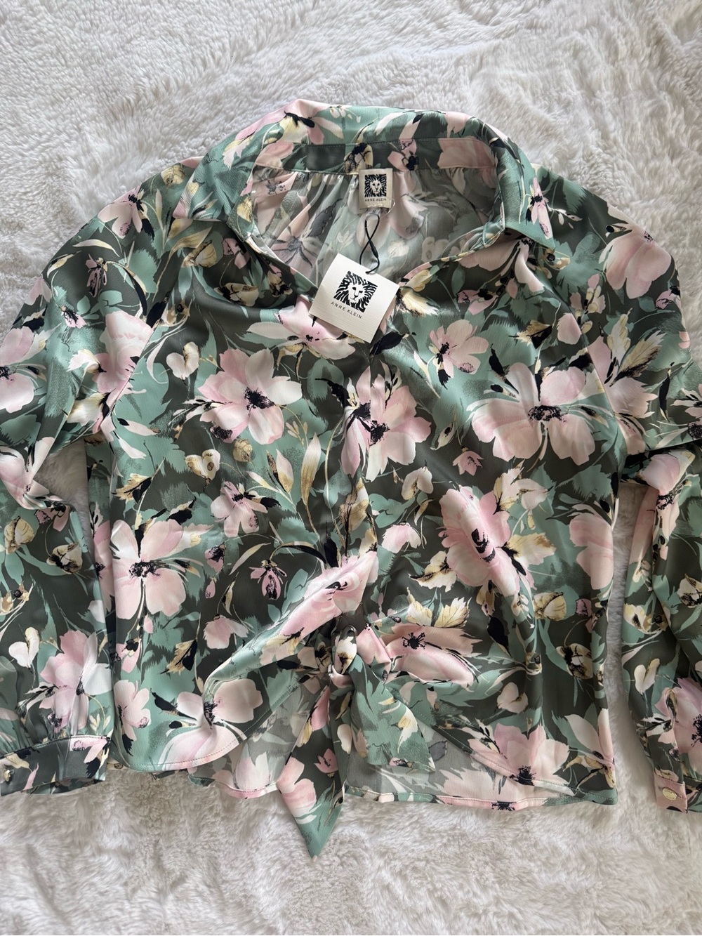 NWT Anne Klein Satin Tie-Front Blouse - Sage Green & Soft Pink Floral Blouse
